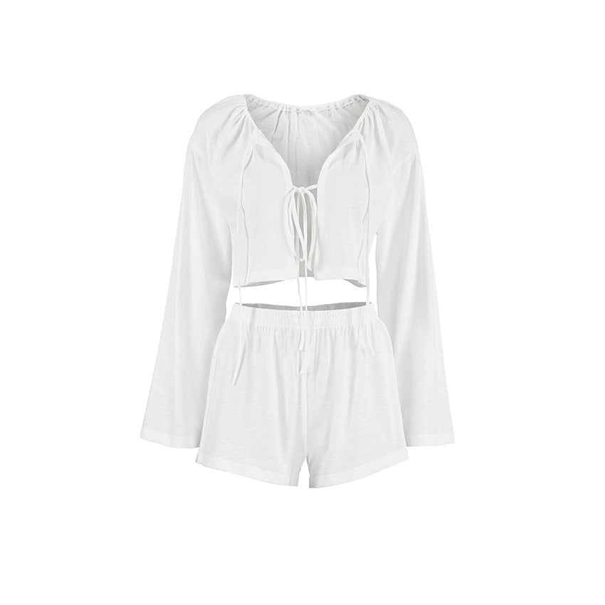 white cotton cardigan + shorts set